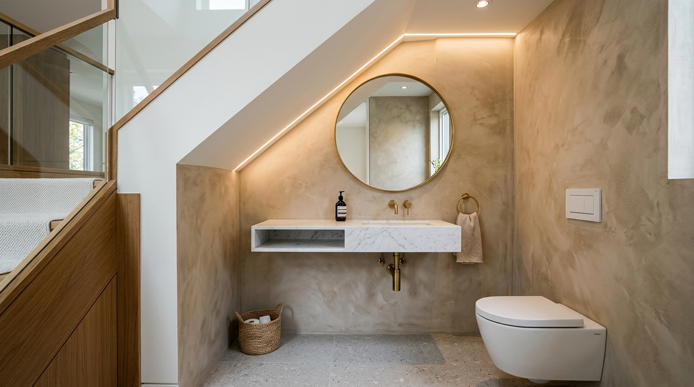 Modern powder room under stairs with limewash walls in Benjamin Moore Swiss Coffee and minimalist brushed brass fixtures.
