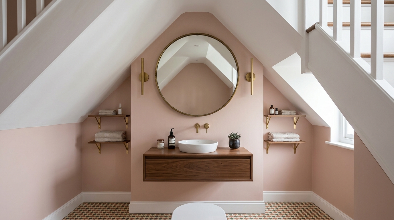 Dramatic small bathroom staircase conversion featuring Farrow & Ball Setting Plaster walls and an oversized circular mirror.