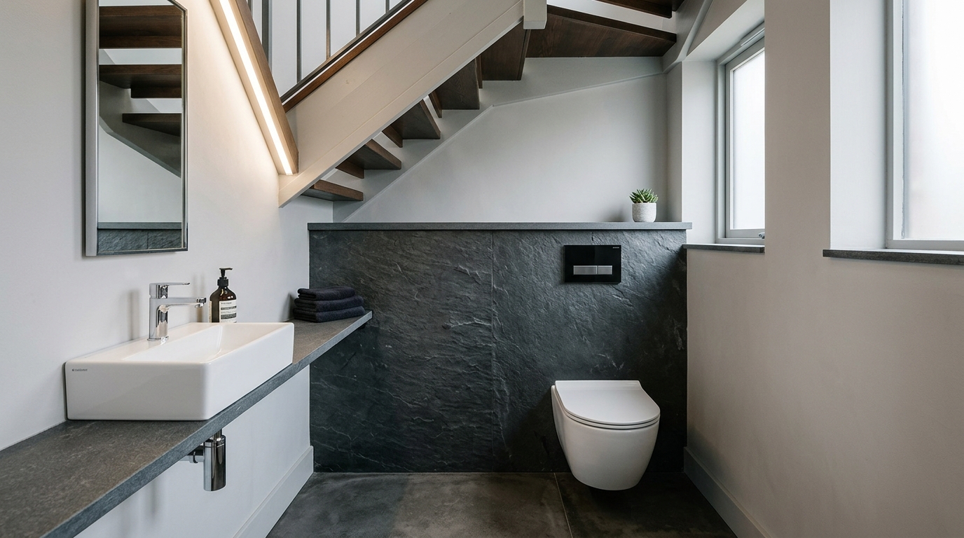 Close-up of a wall-hung toilet and concealed cistern ledge in a space-saving powder room under stairs design.