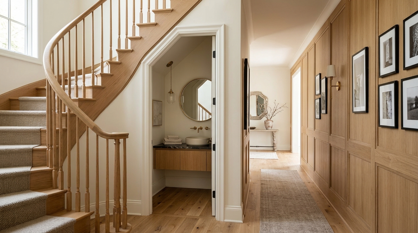 View into a tiny half bath under stairs with seamless terrazzo flooring extending from the main hallway.