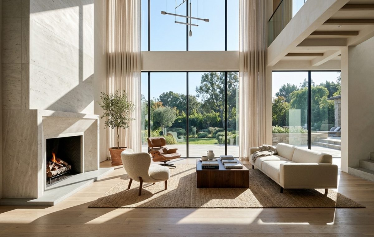 modern luxury living room featuring high-vaulted ceilings, floor-to-ceiling windows, and a minimalist limestone fireplace centered on a 36-inch architectural axis.