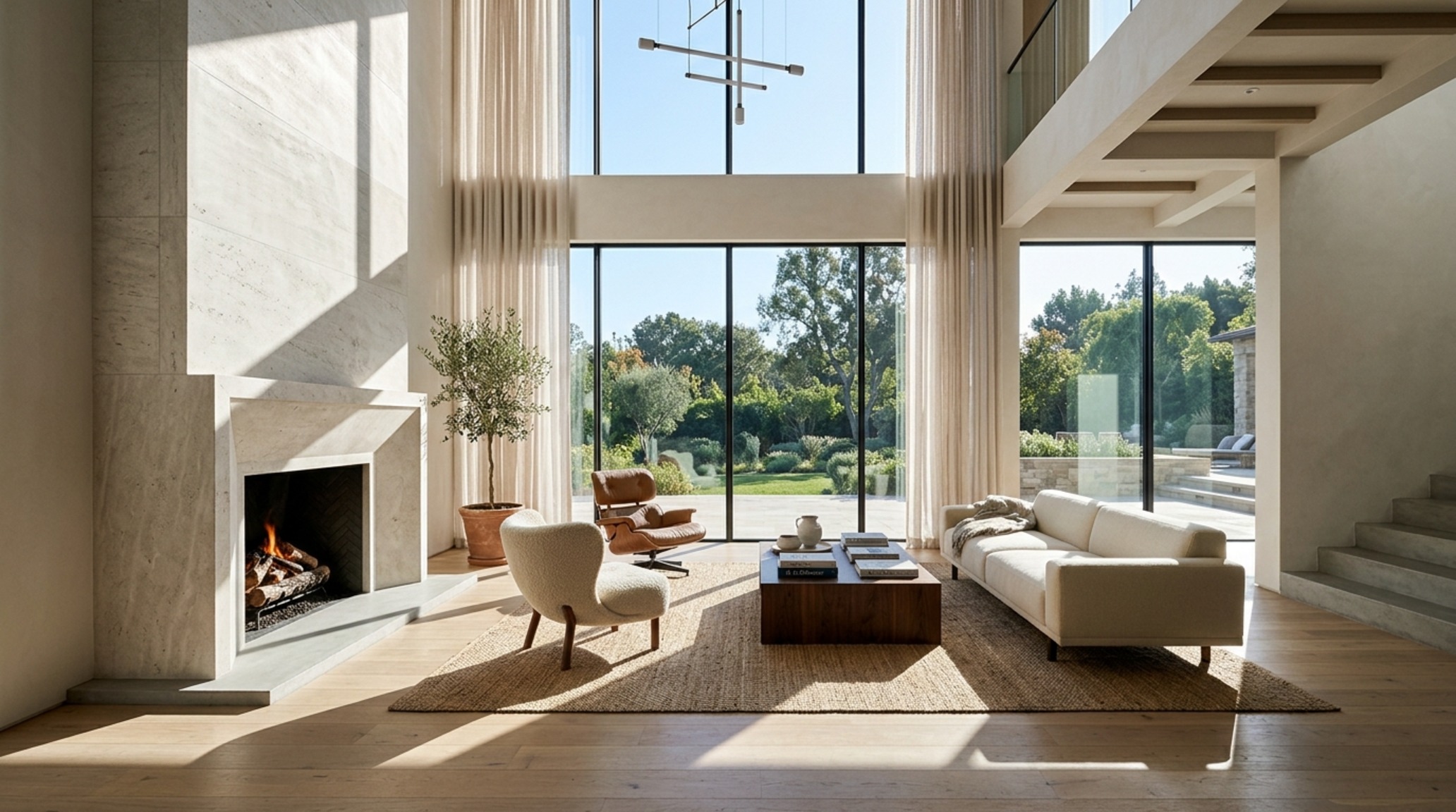 modern luxury living room featuring high-vaulted ceilings, floor-to-ceiling windows, and a minimalist limestone fireplace centered on a 36-inch architectural axis. modern luxury living room featuring high-vaulted ceilings, floor-to-ceiling windows, and a minimalist limestone fireplace centered on a 36-inch architectural axis.