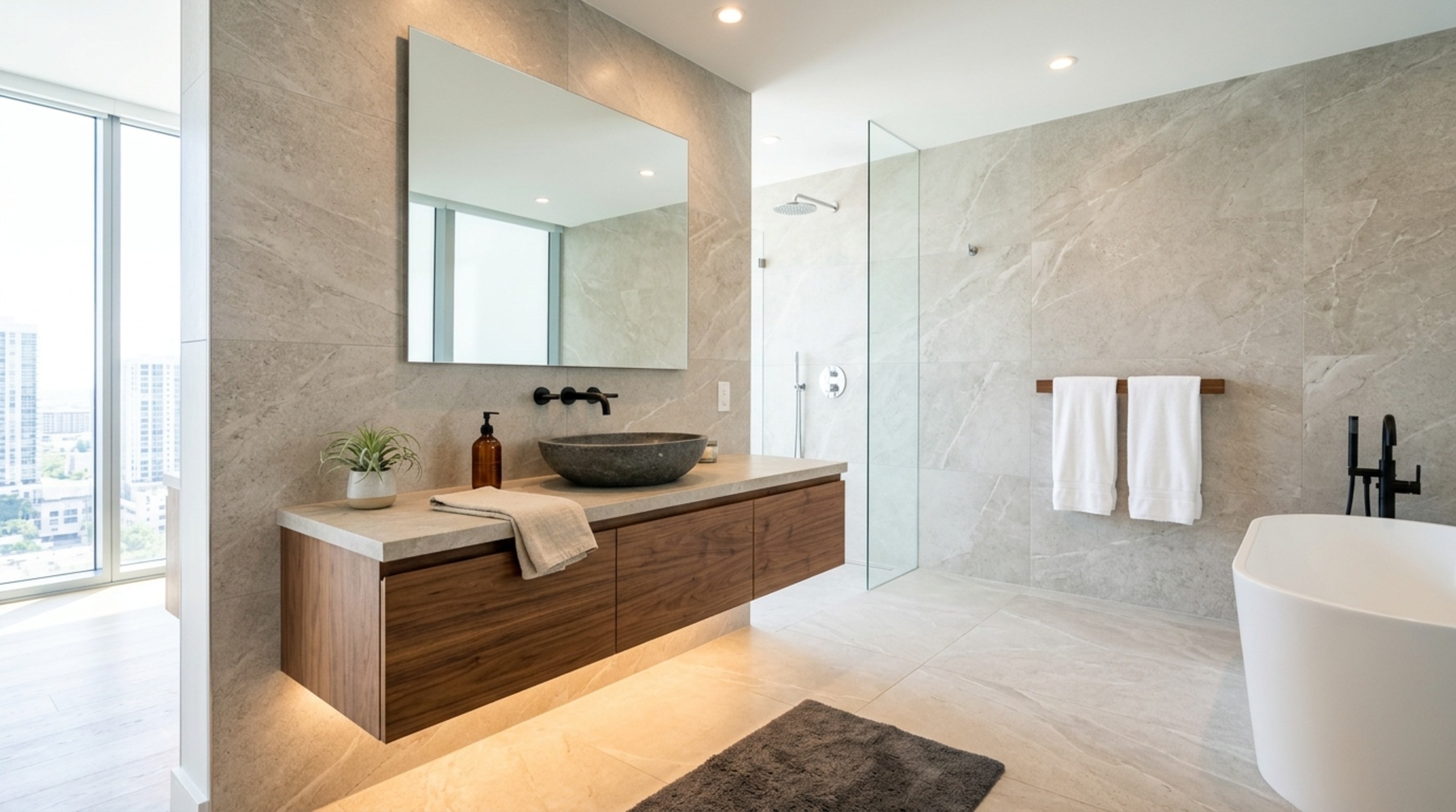 high-end apartment staging utilizing floating walnut vanities and brass fixtures to maximize the visual floor plane in a luxury master bath. high-end apartment staging utilizing floating walnut vanities and brass fixtures to maximize the visual floor plane in a luxury master bath.