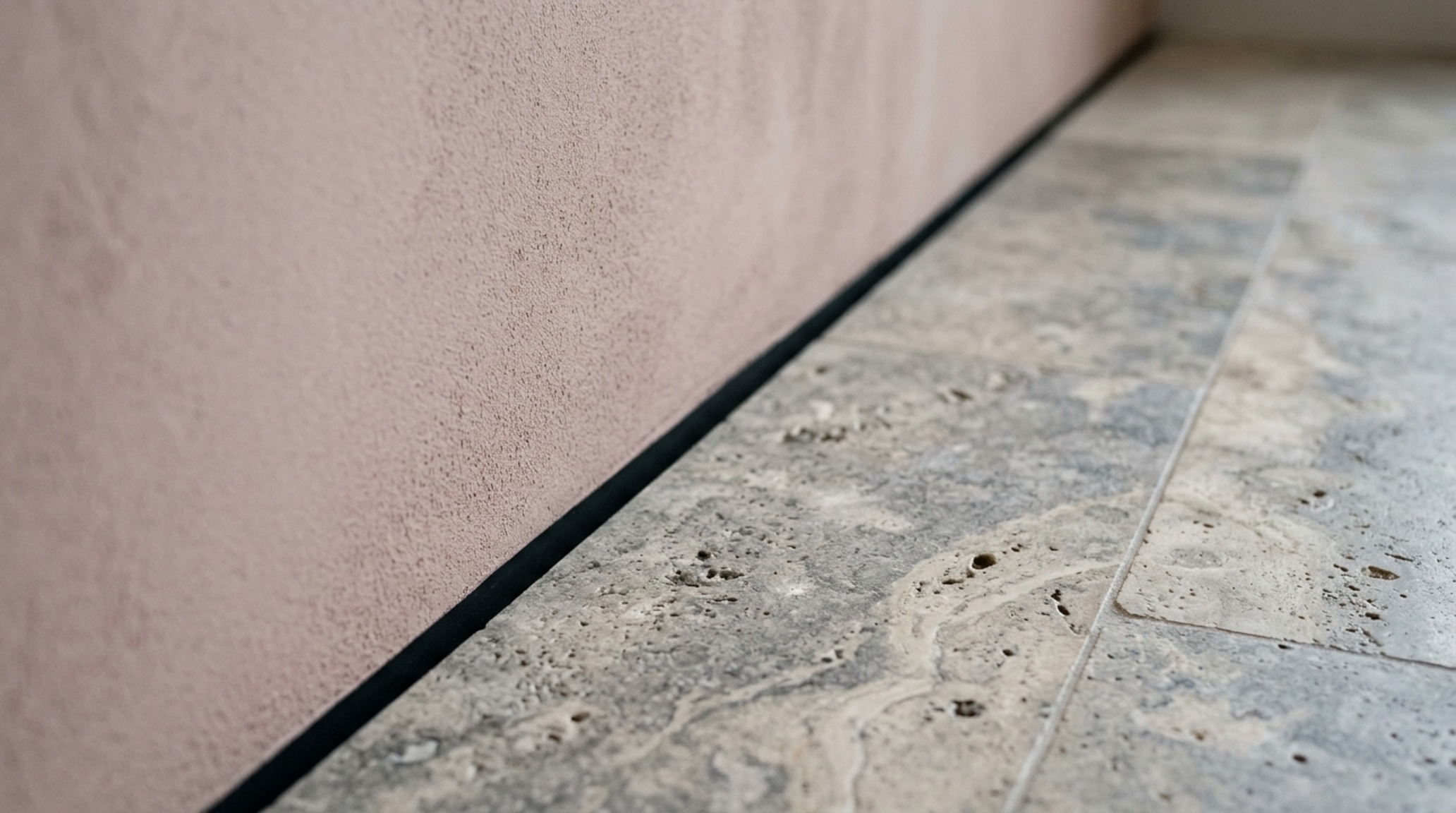 quiet luxury aesthetic captured in a close-up of a Farrow & Ball Setting Plaster wall meeting a honed travertine floor with shadow-gap detailing. quiet luxury aesthetic captured in a close-up of a Farrow & Ball Setting Plaster wall meeting a honed travertine floor with shadow-gap detailing.