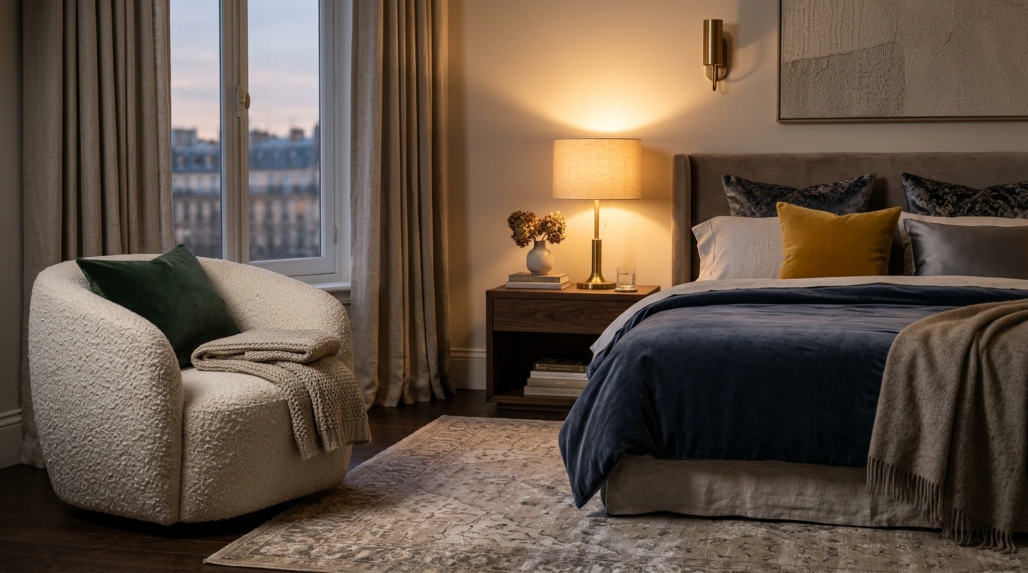 sensory home styling in a primary suite using High CRI 92+ lighting to accentuate the texture of a custom bouclé sofa and velvet drapery. sensory home styling in a primary suite using High CRI 92+ lighting to accentuate the texture of a custom bouclé sofa and velvet drapery.