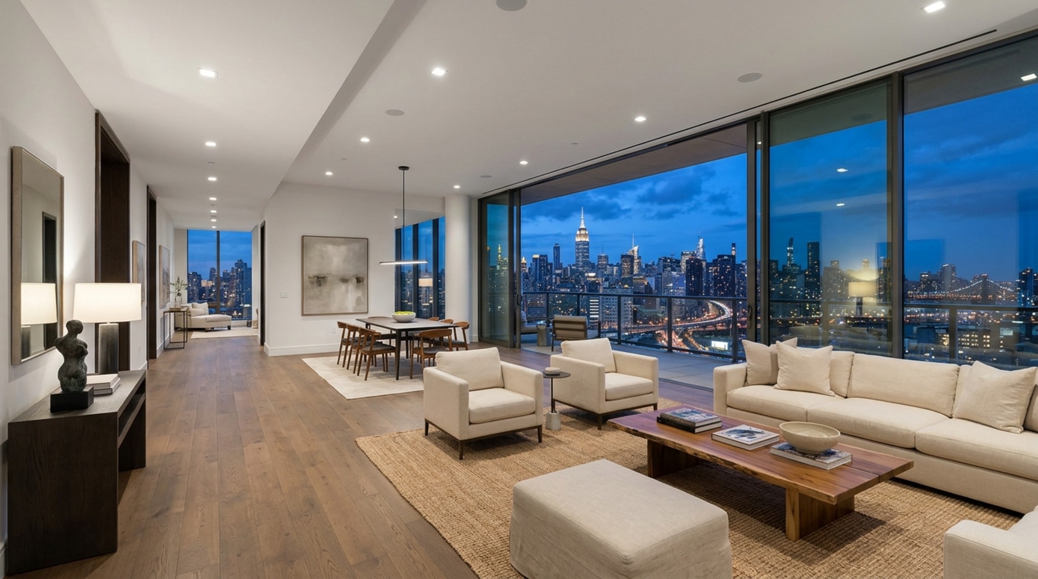 high-end apartment staging in a metropolitan penthouse focusing on sightline alignment from the entry through to a panoramic city view. high-end apartment staging in a metropolitan penthouse focusing on sightline alignment from the entry through to a panoramic city view.