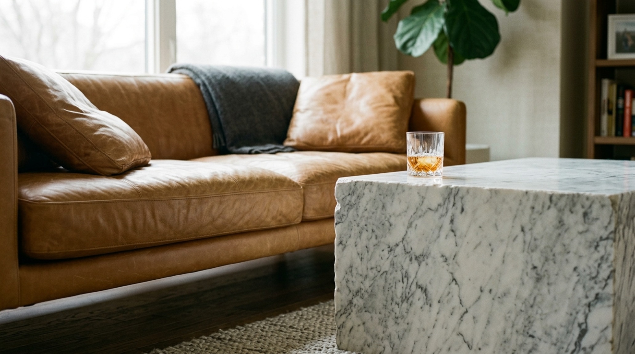 modern luxury living room vignette showcasing a low-profile Italian leather sofa with exactly 18-inch clearance from a monolithic marble coffee table. modern luxury living room vignette showcasing a low-profile Italian leather sofa with exactly 18-inch clearance from a monolithic marble coffee table.