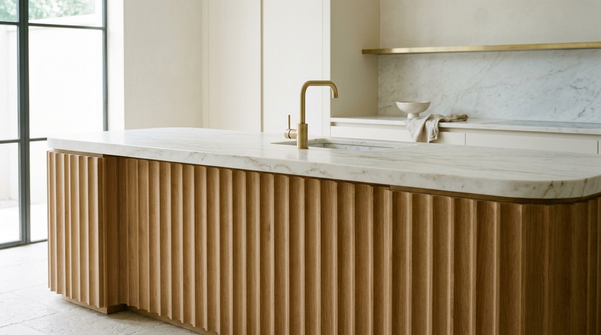 quiet luxury aesthetic in a kitchen with fluted white oak cabinetry, hidden hardware, and a seamless slab of Calacatta marble backsplash. quiet luxury aesthetic in a kitchen with fluted white oak cabinetry, hidden hardware, and a seamless slab of Calacatta marble backsplash.