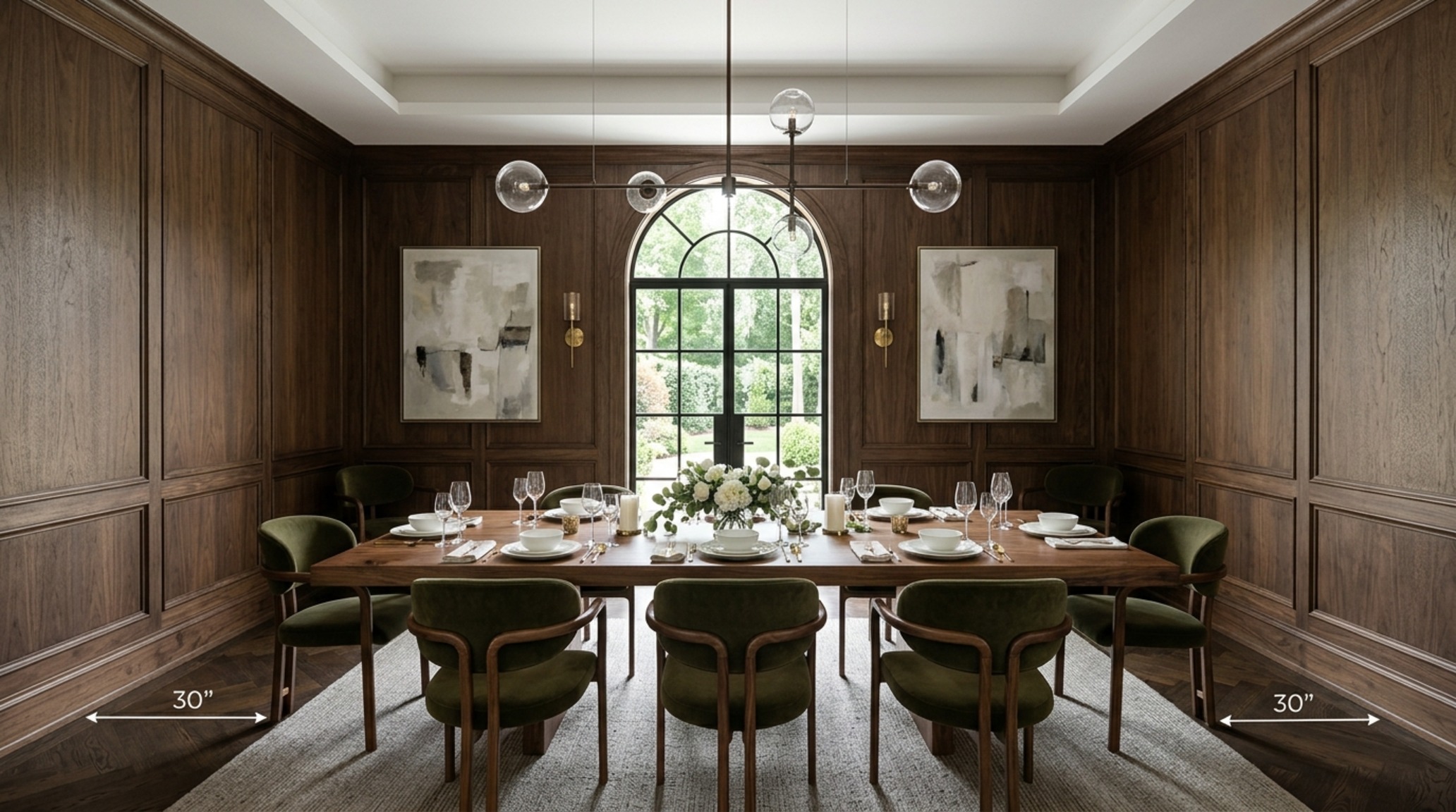 premium interior design principles applied to a dining area with 30-inch chair clearances and a sculptural pendant light perfectly centered over the table. premium interior design principles applied to a dining area with 30-inch chair clearances and a sculptural pendant light perfectly centered over the table.