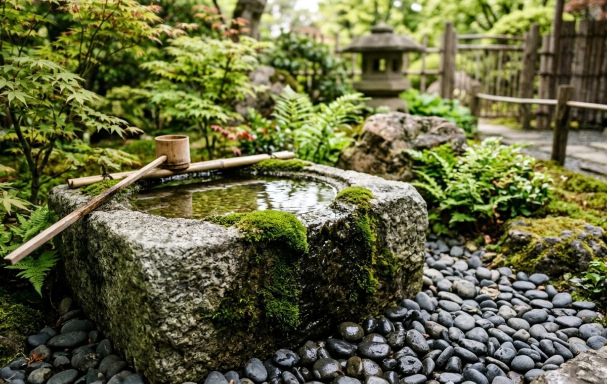 stone chozubachi basin decor carved from raw grey granite surrounded by weathered river stones in a minimalist garden layout