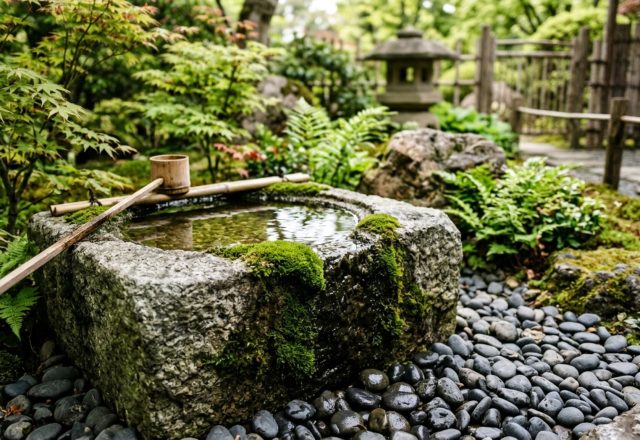 stone chozubachi basin decor carved from raw grey granite surrounded by weathered river stones in a minimalist garden layout