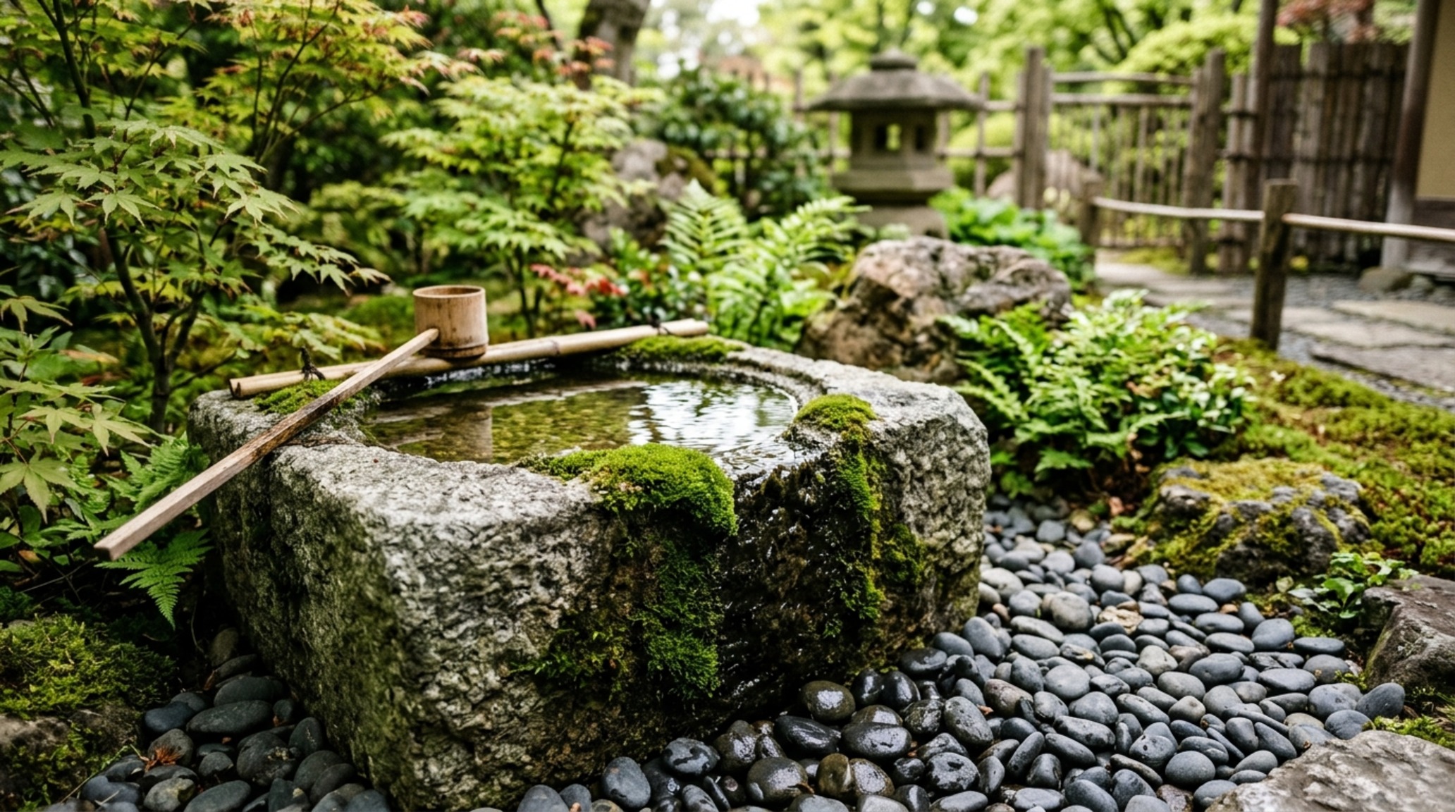 stone chozubachi basin decor carved from raw grey granite surrounded by weathered river stones in a minimalist garden layout stone chozubachi basin decor carved from raw grey granite surrounded by weathered river stones in a minimalist garden layout