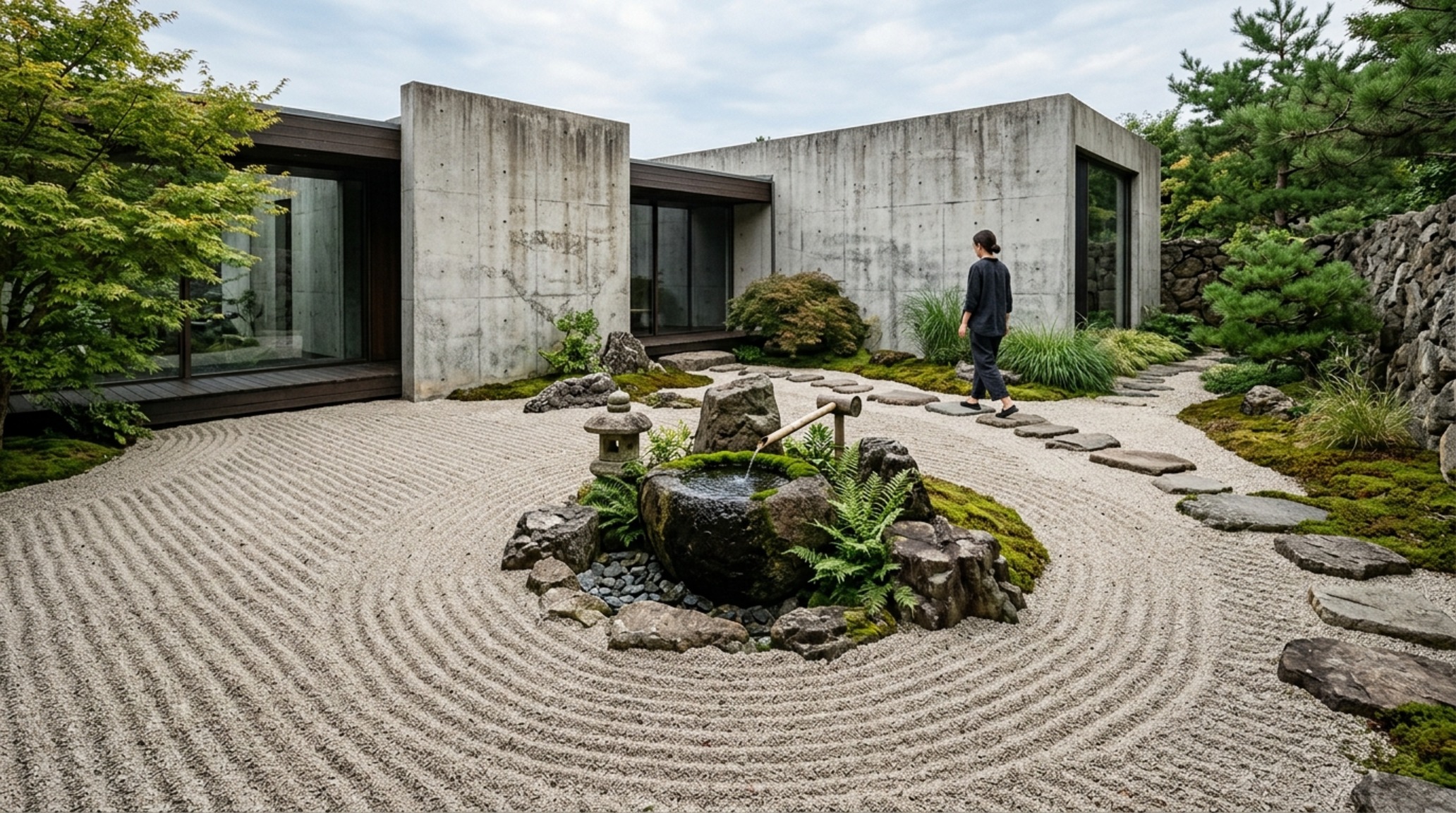 wabi-sabi landscape architecture featuring a dry gravel garden and a monolithic water feature as a central focal point wabi-sabi landscape architecture featuring a dry gravel garden and a monolithic water feature as a central focal point