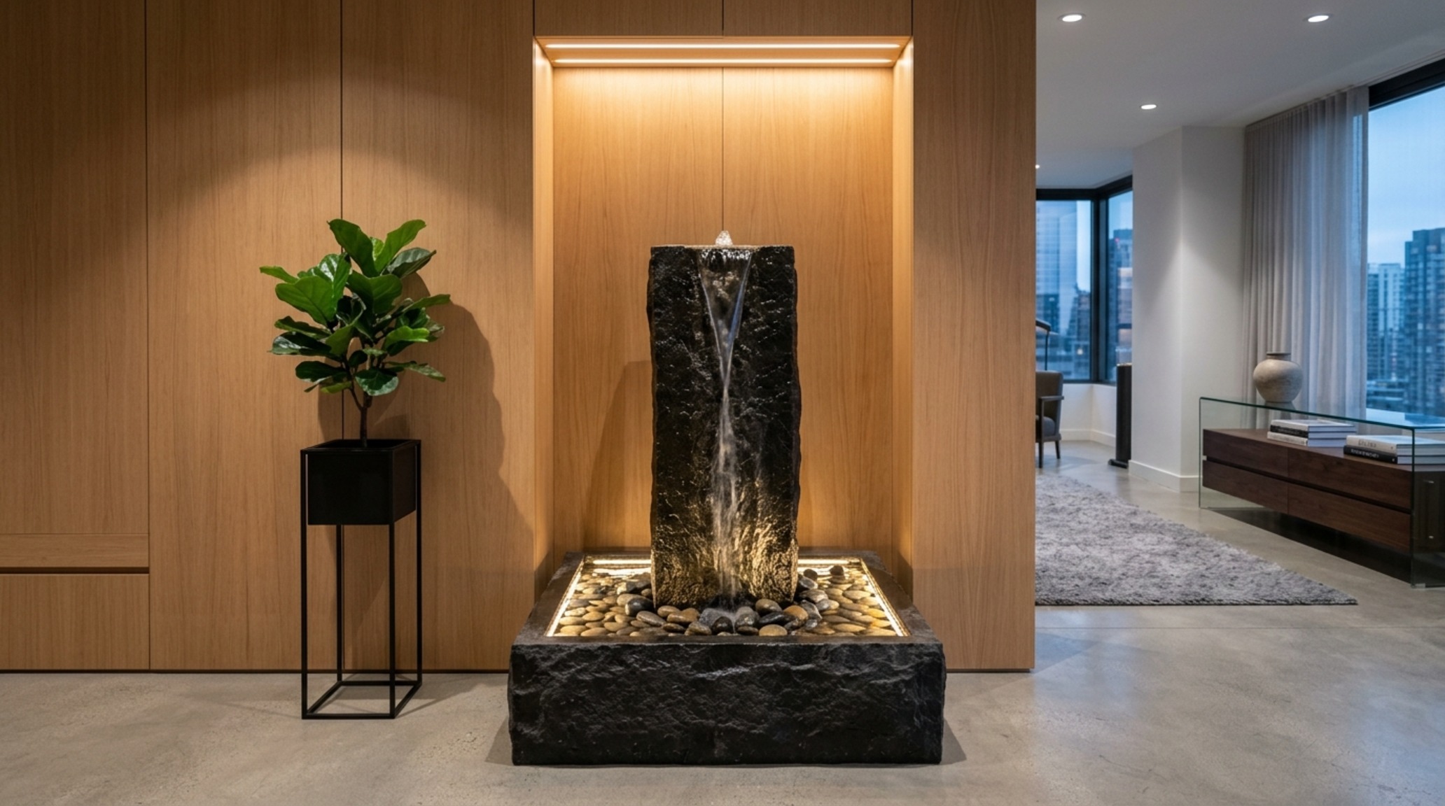 indoor minimalist water fountain integrated into a modern entryway with limestone flooring and warm recessed lighting indoor minimalist water fountain integrated into a modern entryway with limestone flooring and warm recessed lighting