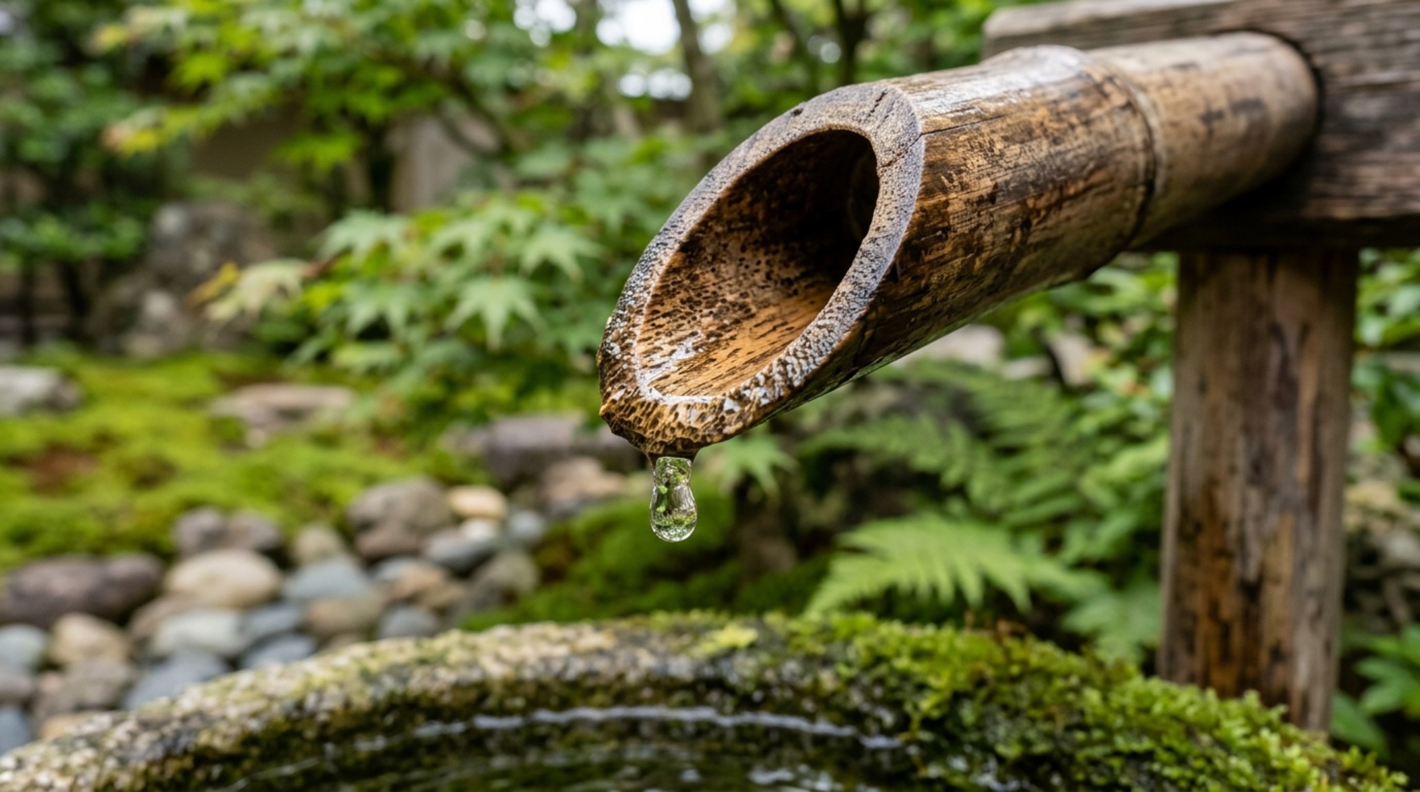 bamboo water spout kakehi detail showing the traditional angular cut and natural patina of the wood against a dark stone wall bamboo water spout kakehi detail showing the traditional angular cut and natural patina of the wood against a dark stone wall