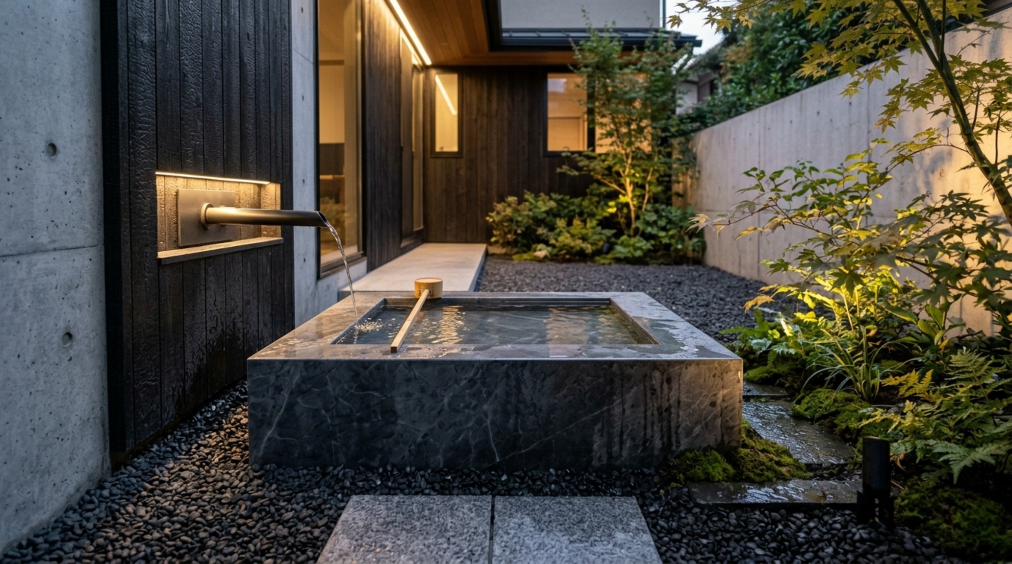 stone chozubachi basin decor elevated on a hidden plinth within a contemporary courtyard with 36-inch gravel pathways stone chozubachi basin decor elevated on a hidden plinth within a contemporary courtyard with 36-inch gravel pathways