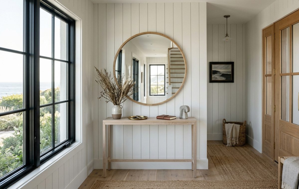 Modern coastal narrow entryway ideas featuring vertical shiplap in White Heron and a large round mirror for spatial expansion.