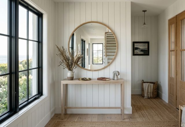 Modern coastal narrow entryway ideas featuring vertical shiplap in White Heron and a large round mirror for spatial expansion.