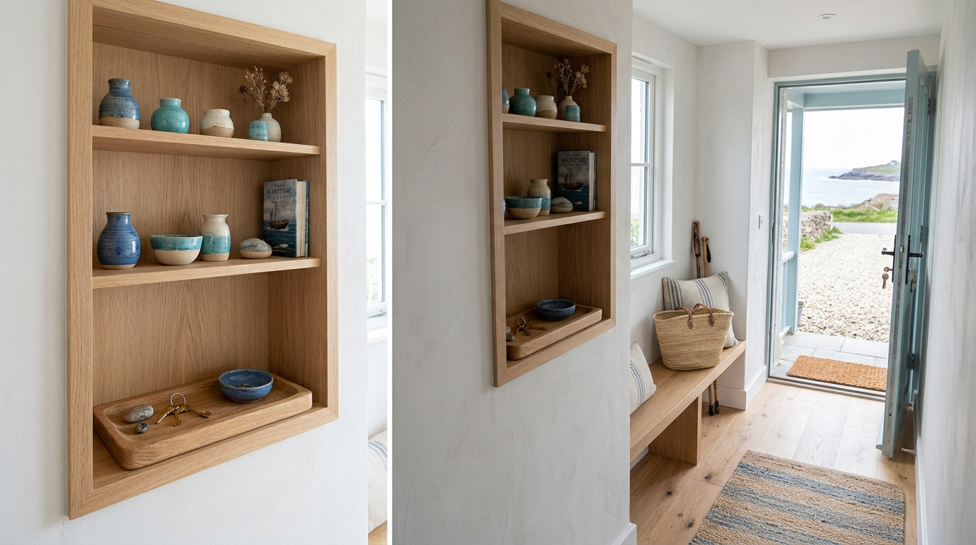 Ergonomic layout of a beach coastal entryway with slim seating and wall-mounted storage niches. Ergonomic layout of a beach coastal entryway with slim seating and wall-mounted storage niches.
