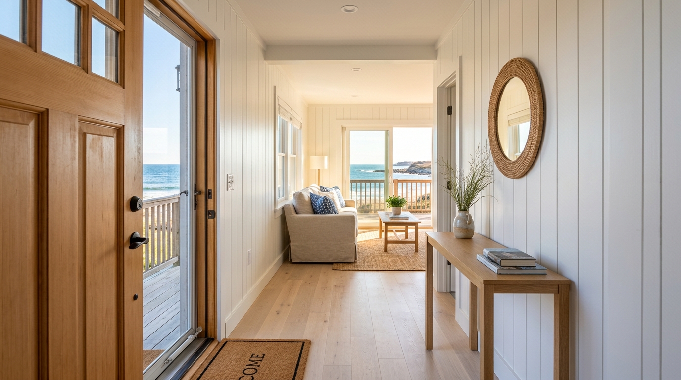 Sun-drenched narrow hallway with a long perspective view and a focus on the 'Sightline Rule' of placement. Sun-drenched narrow hallway with a long perspective view and a focus on the 'Sightline Rule' of placement.