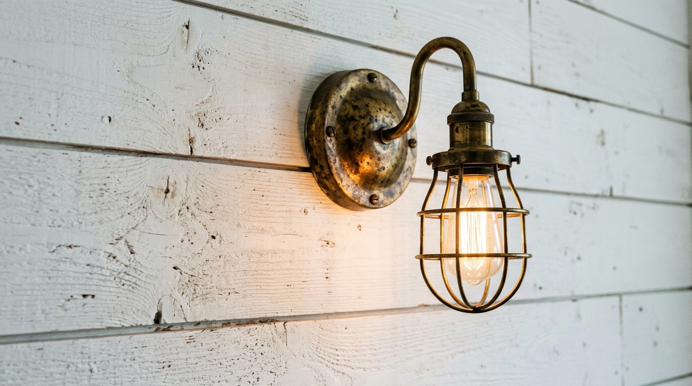 Close-up of antiqued brass wall sconce with high CRI lighting in a coastal interior design setting. Close-up of antiqued brass wall sconce with high CRI lighting in a coastal interior design setting.