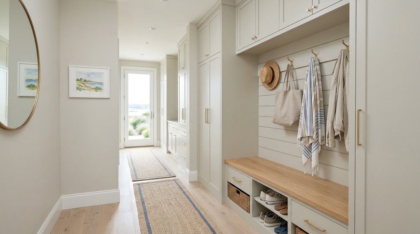 Storage-efficient narrow entryway ideas with built-in cabinetry and hidden cubbies for beach gear. Storage-efficient narrow entryway ideas with built-in cabinetry and hidden cubbies for beach gear.