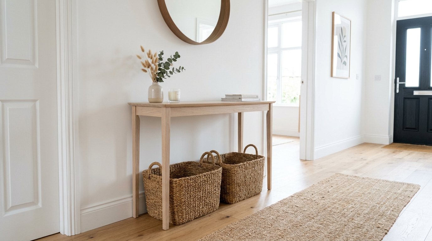 Symmetry in design: matching sconces flanking a round mirror in a narrow beach house entryway. Symmetry in design: matching sconces flanking a round mirror in a narrow beach house entryway.