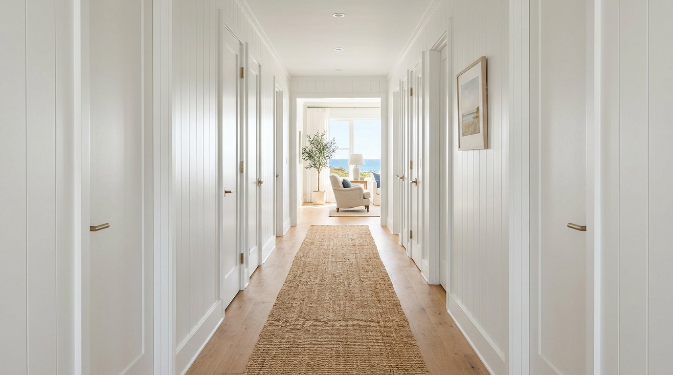 Architectural view of a narrow hallway design with 36-inch clearance and a bleached oak console table for beach coastal entryways. Architectural view of a narrow hallway design with 36-inch clearance and a bleached oak console table for beach coastal entryways.