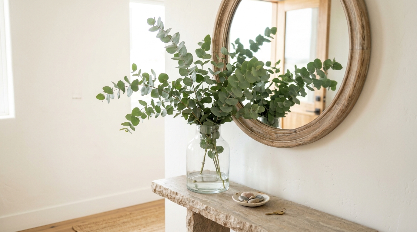 Stylized coastal entry with a focus on 'negative space breathing room' around a slim console. Stylized coastal entry with a focus on 'negative space breathing room' around a slim console.