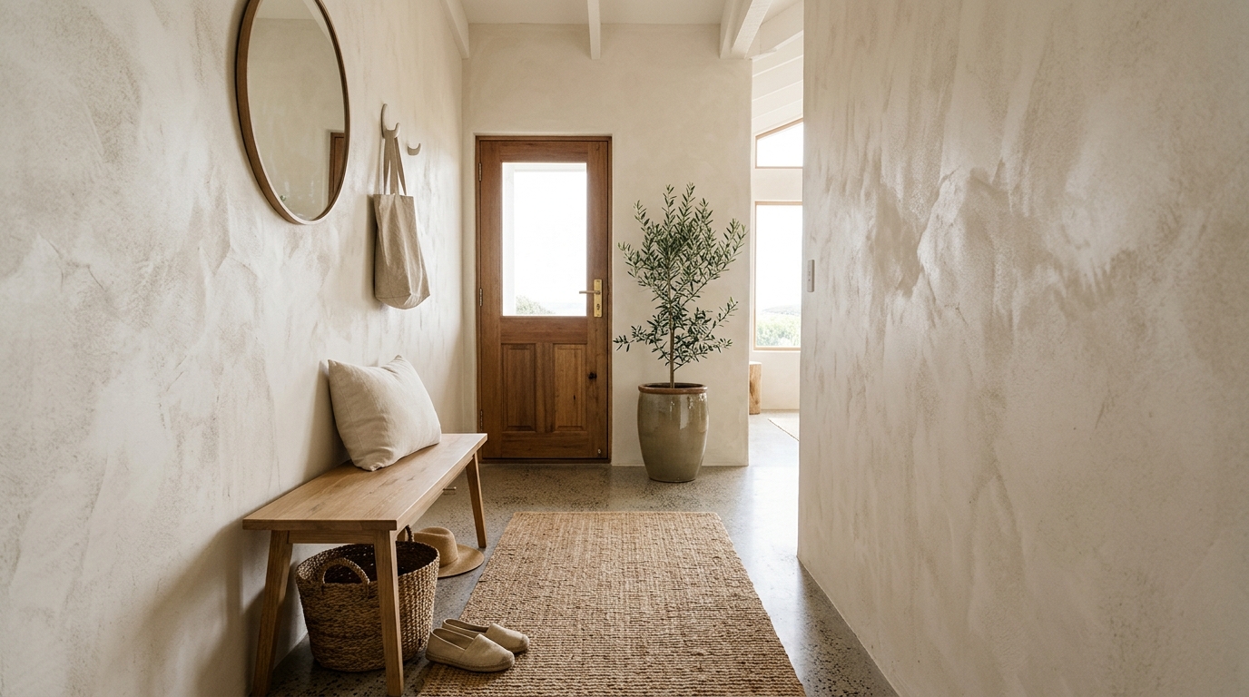 Light and airy narrow hallway featuring limewash walls and minimalist coastal decor accents. Light and airy narrow hallway featuring limewash walls and minimalist coastal decor accents.