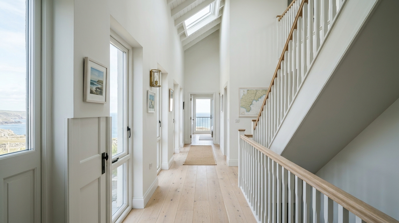 Wide-angle shot of a compressed shorefront entryway showing the verticality and height-enhancing shiplap. Wide-angle shot of a compressed shorefront entryway showing the verticality and height-enhancing shiplap.