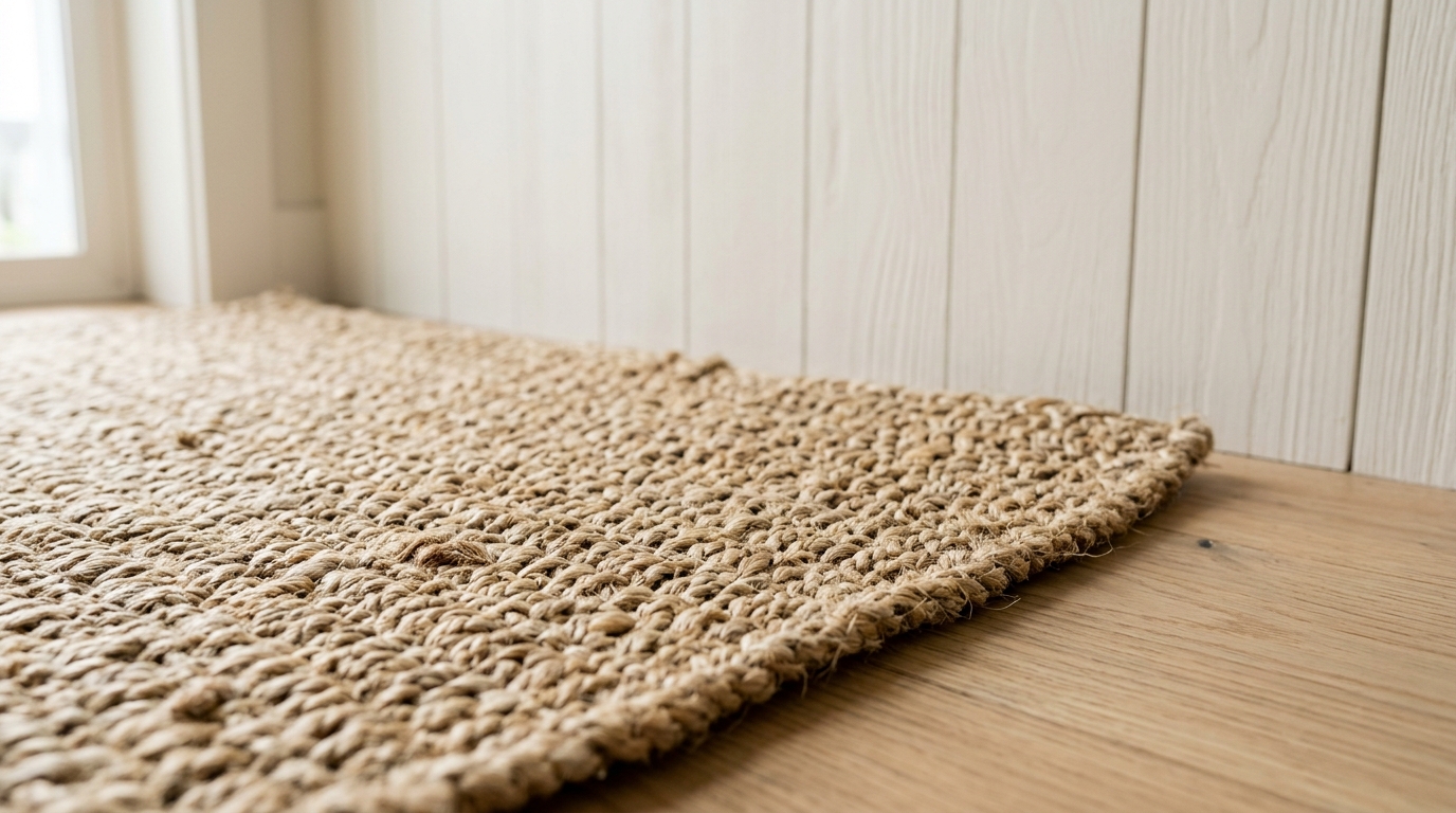 Tactile detail of vertical shiplap walls and natural jute runner in an organic modern coastal entryway. Tactile detail of vertical shiplap walls and natural jute runner in an organic modern coastal entryway.