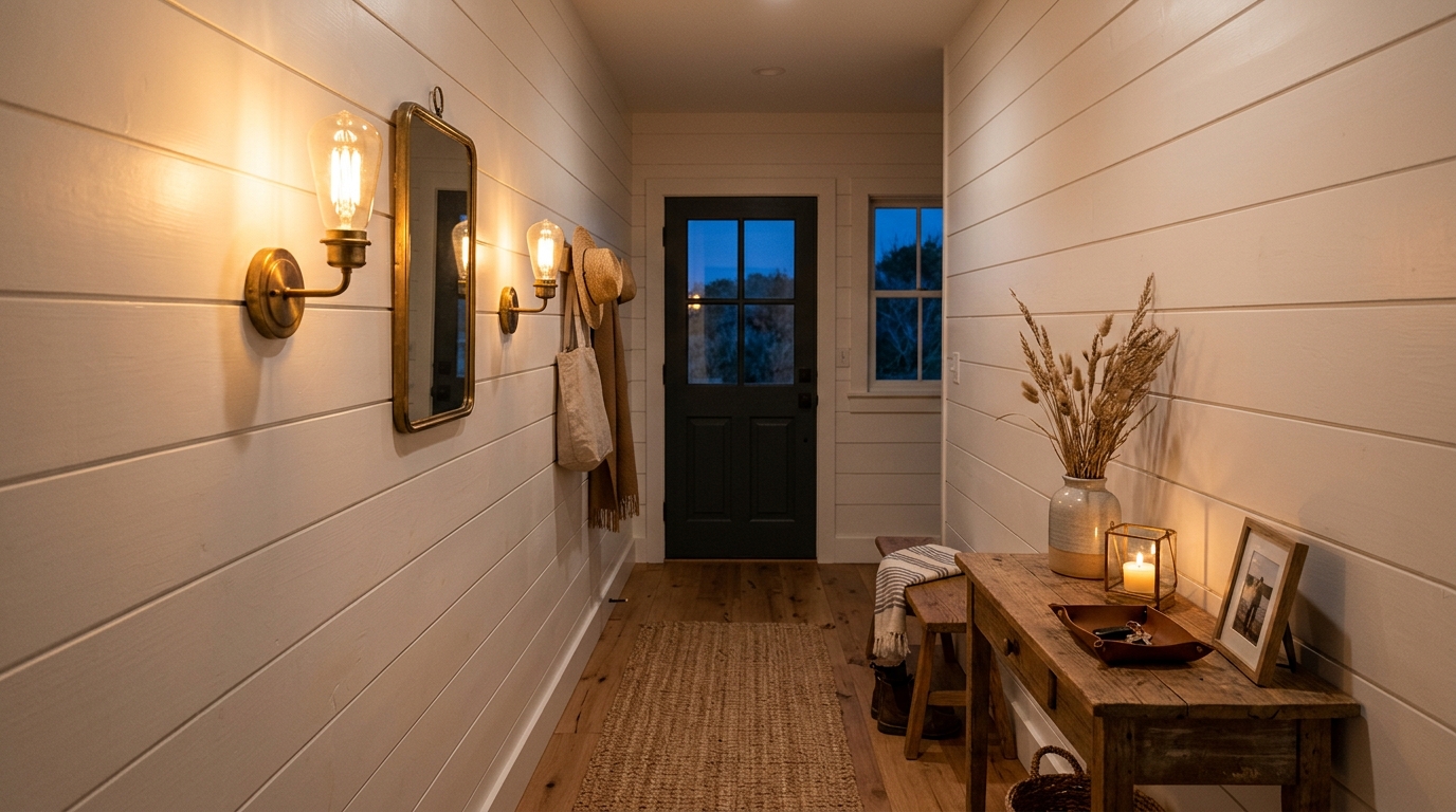 Warm 2700K ambient lighting illuminating a narrow coastal hallway with soft shadow play and brass sconces. Warm 2700K ambient lighting illuminating a narrow coastal hallway with soft shadow play and brass sconces.