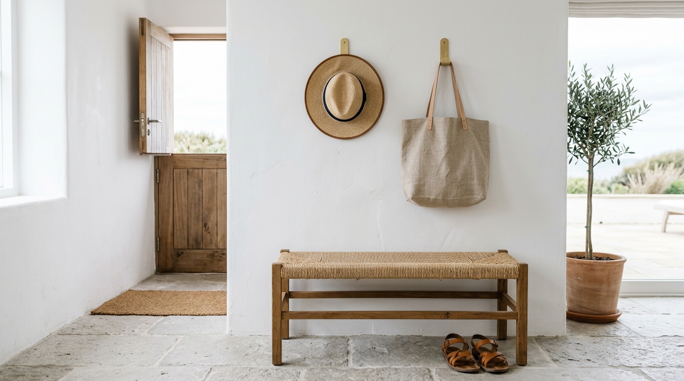 Small entryway storage solutions showing minimalist wall hooks and woven baskets in a compressed shorefront home. Small entryway storage solutions showing minimalist wall hooks and woven baskets in a compressed shorefront home.