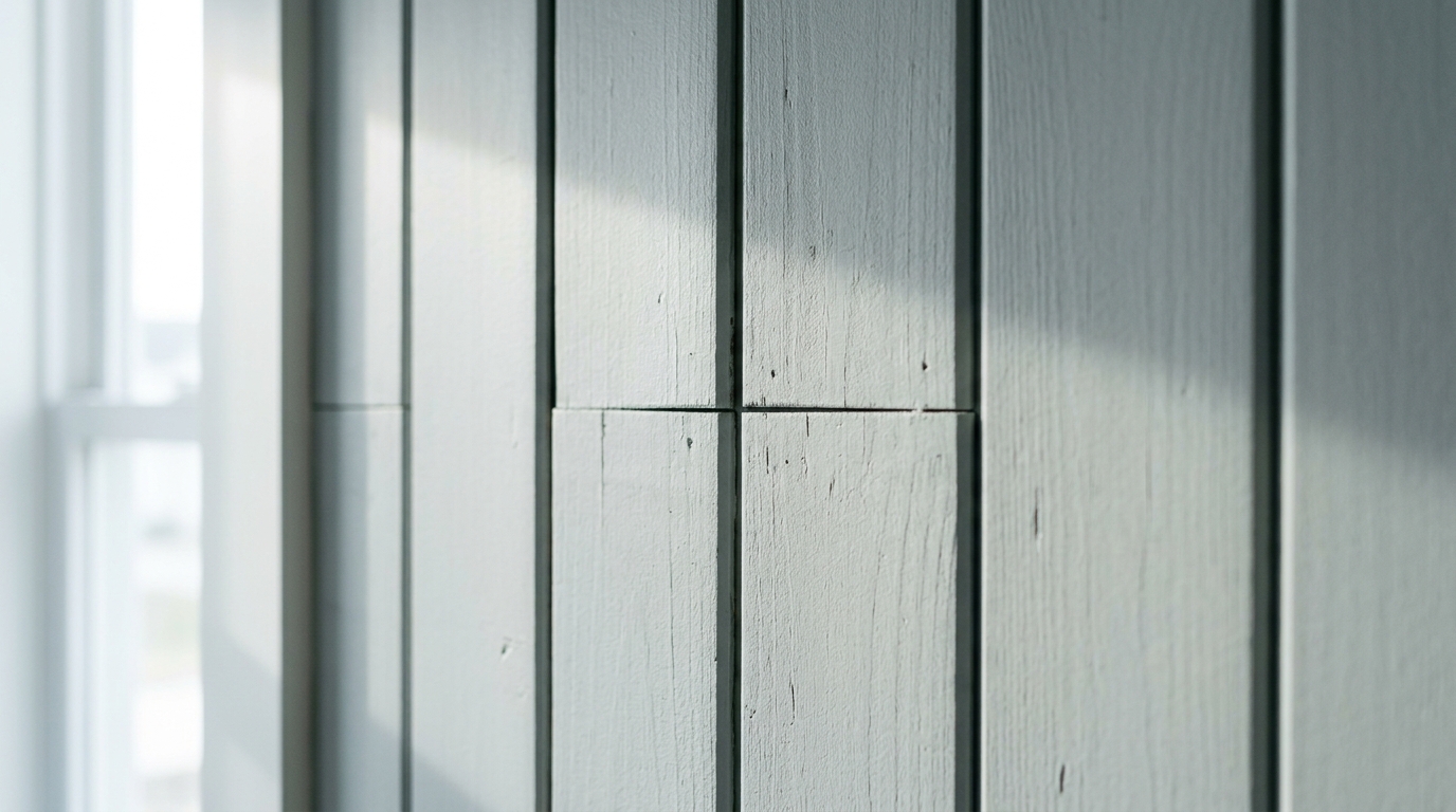 Detailed shot of Benjamin Moore White Heron paint texture on vertical wall planks in a coastal foyer. Detailed shot of Benjamin Moore White Heron paint texture on vertical wall planks in a coastal foyer.