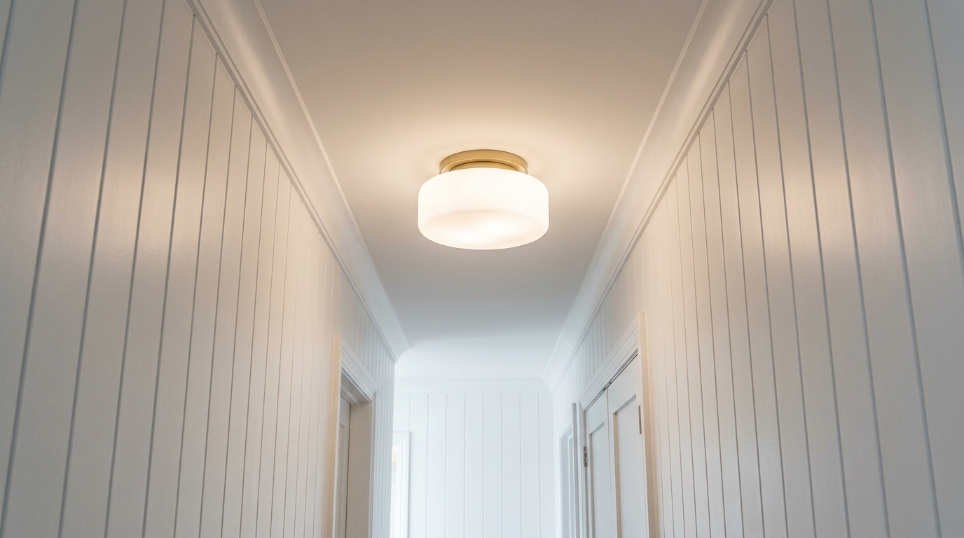 Entryway lighting ideas featuring a dimmable frosted glass flush mount in a narrow coastal corridor. Entryway lighting ideas featuring a dimmable frosted glass flush mount in a narrow coastal corridor.