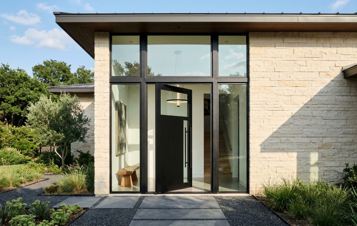ideas for front doors featuring a massive black steel pivot door integrated into a limestone facade with floor-to-ceiling glass sidelights