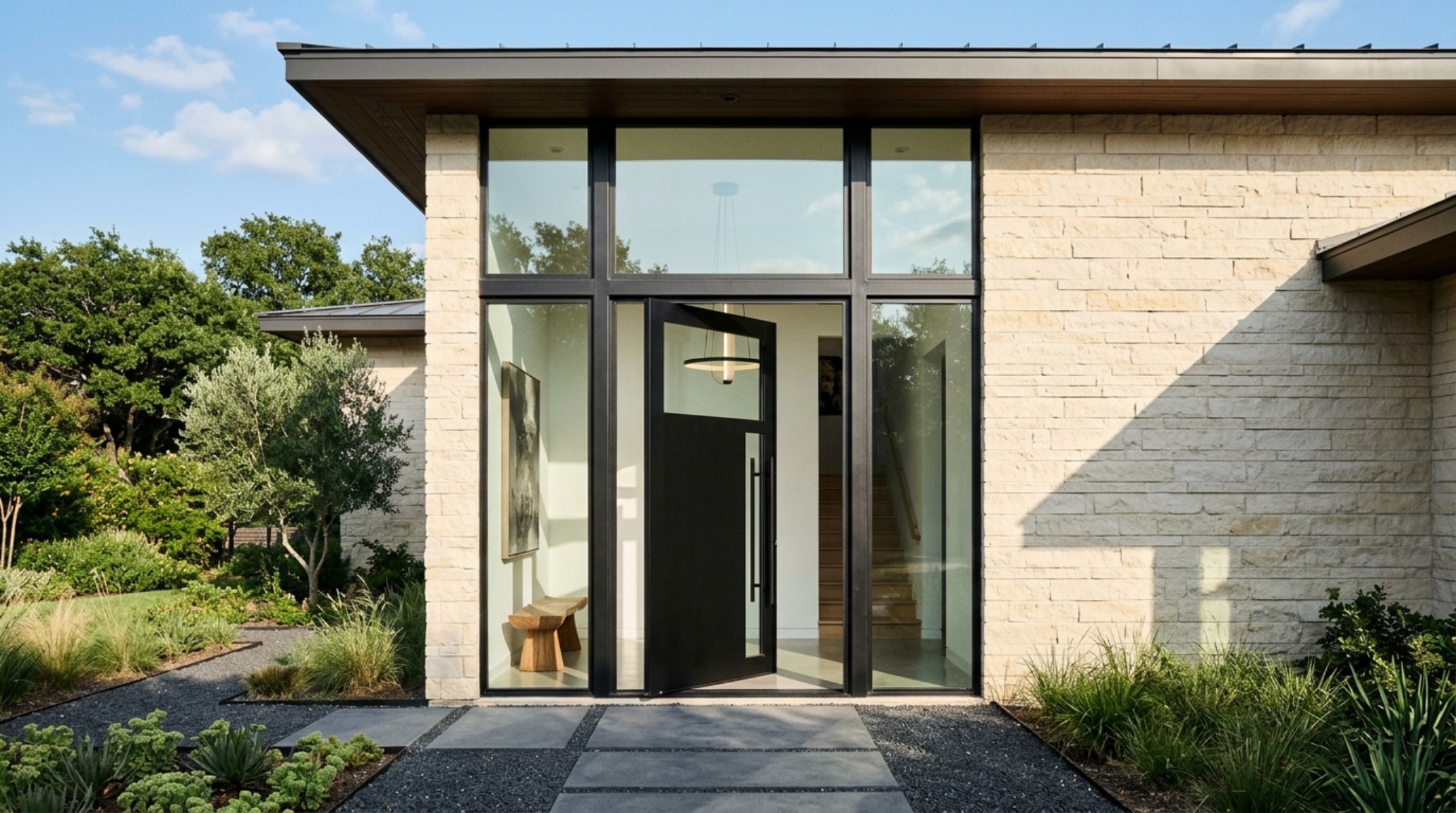 ideas for front doors featuring a massive black steel pivot door integrated into a limestone facade with floor-to-ceiling glass sidelights ideas for front doors featuring a massive black steel pivot door integrated into a limestone facade with floor-to-ceiling glass sidelights