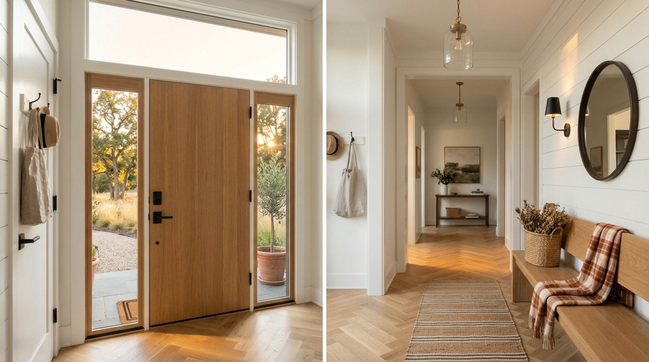 front doors with sidelights and transoms in a modern farmhouse entry with an 8-foot oak door and frameless upper glazing front doors with sidelights and transoms in a modern farmhouse entry with an 8-foot oak door and frameless upper glazing