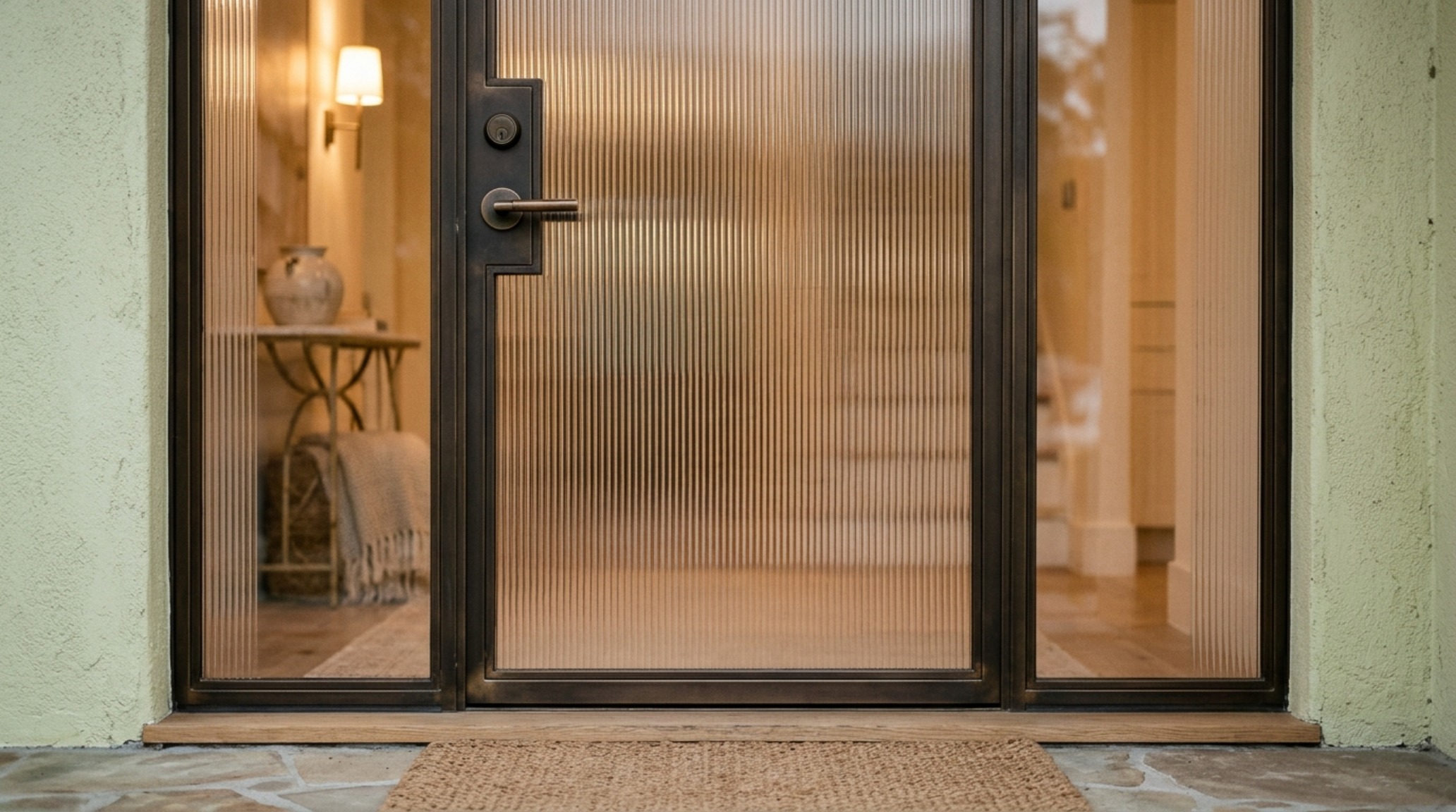 contemporary glass front door styles highlighting reeded privacy glass panels set in a slim-profile bronze frame with long vertical pull handles contemporary glass front door styles highlighting reeded privacy glass panels set in a slim-profile bronze frame with long vertical pull handles