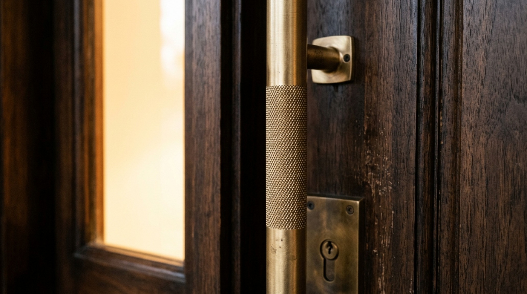 modern architectural front door hardware featuring a knurled solid brass oversized pull bar on a rift-sawn white oak door modern architectural front door hardware featuring a knurled solid brass oversized pull bar on a rift-sawn white oak door