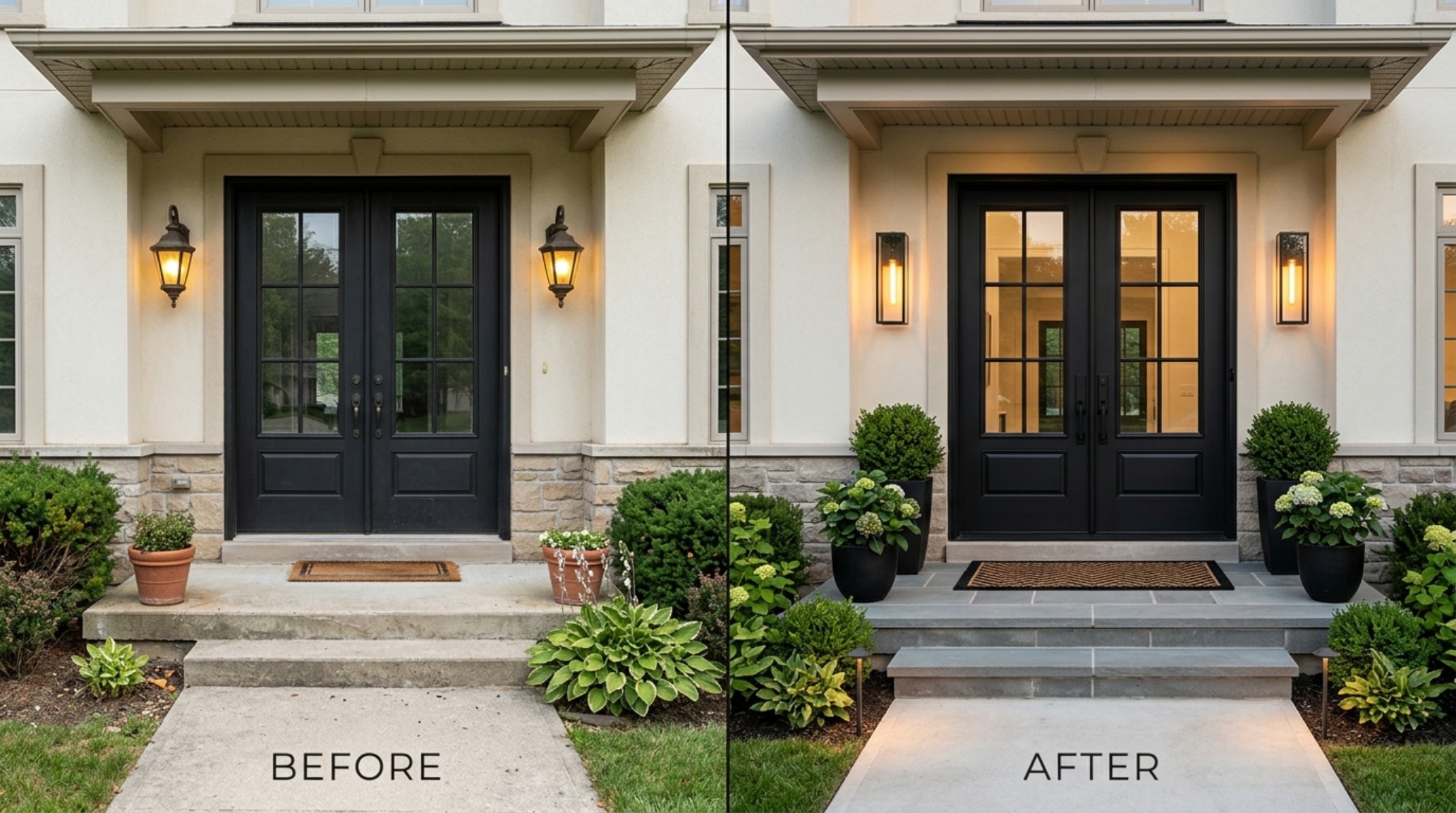 double front door entryway makeovers using oversized arched black doors with minimal iron detailing and matching lantern lighting double front door entryway makeovers using oversized arched black doors with minimal iron detailing and matching lantern lighting