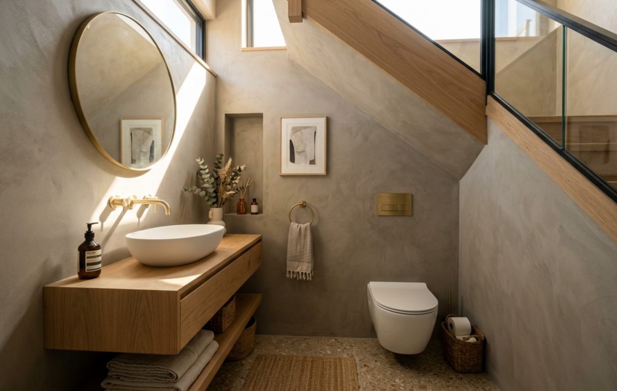 A precision-engineered powder room under stairs featuring a wall-hung toilet and seamless microcement walls to maximize spatial cadence.