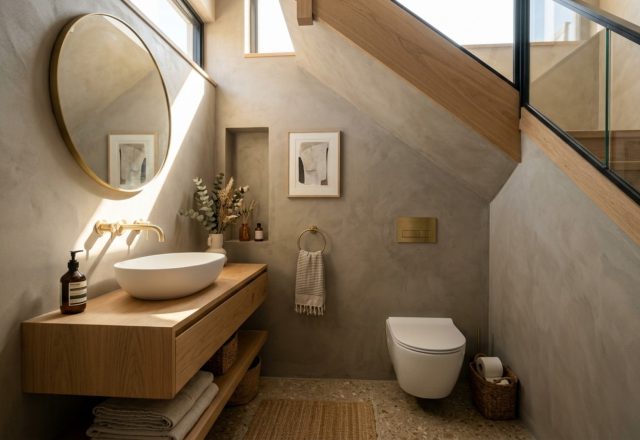 A precision-engineered powder room under stairs featuring a wall-hung toilet and seamless microcement walls to maximize spatial cadence.