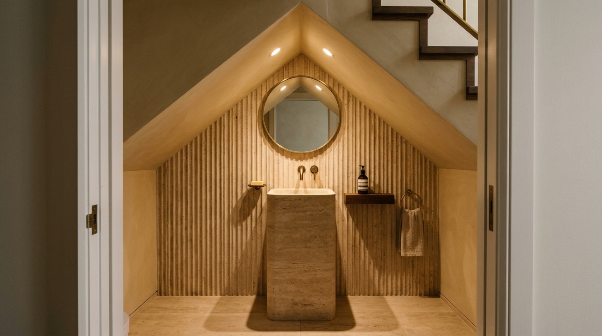 Warm 2700K lighting in a compact powder room under a staircase highlighting a fluted white oak vanity and honed travertine floors.
