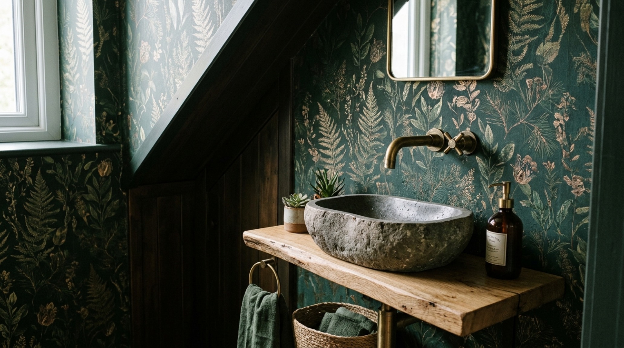 Modern small bathroom under stairs wallpaper with a large-scale botanical print and brushed brass fixtures in an editorial layout.