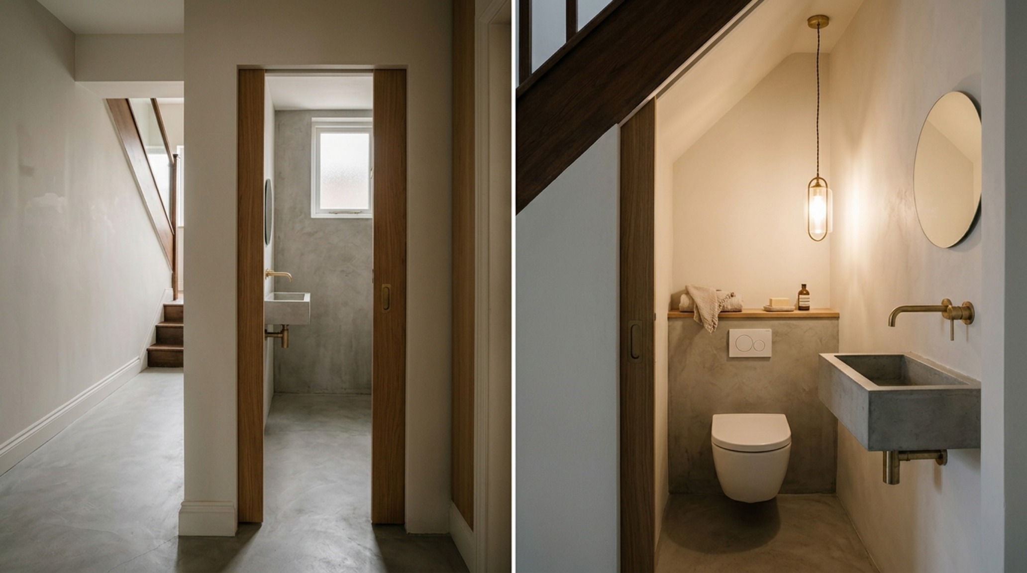 Vertical shot of a luxury half bath under staircase showcasing a floating marble vanity and recessed wall niche with linear LED lighting.