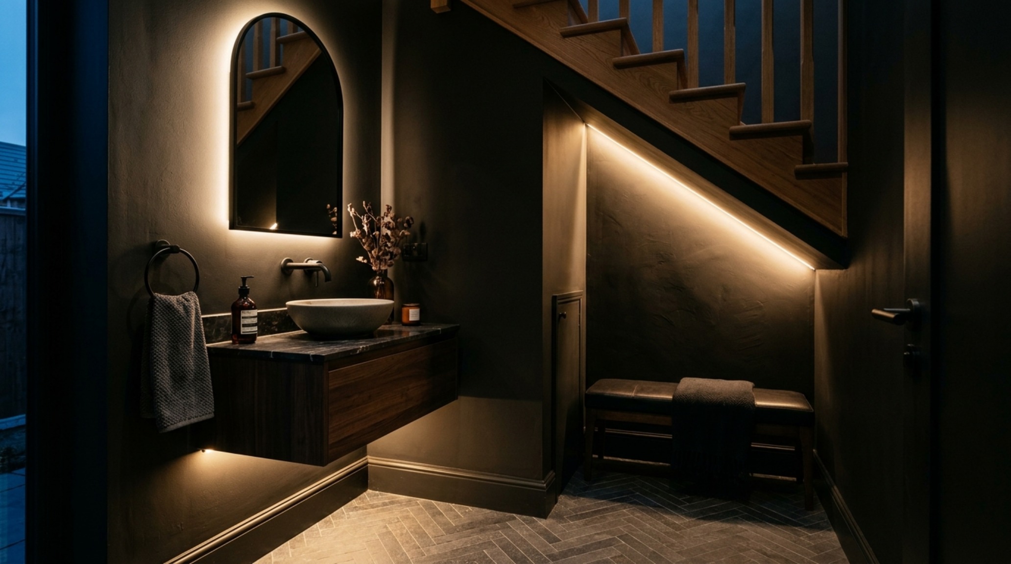 High-contrast editorial photo of a powder room under stairs with off-black walls and a sculptural circular mirror reflecting warm ambient light.