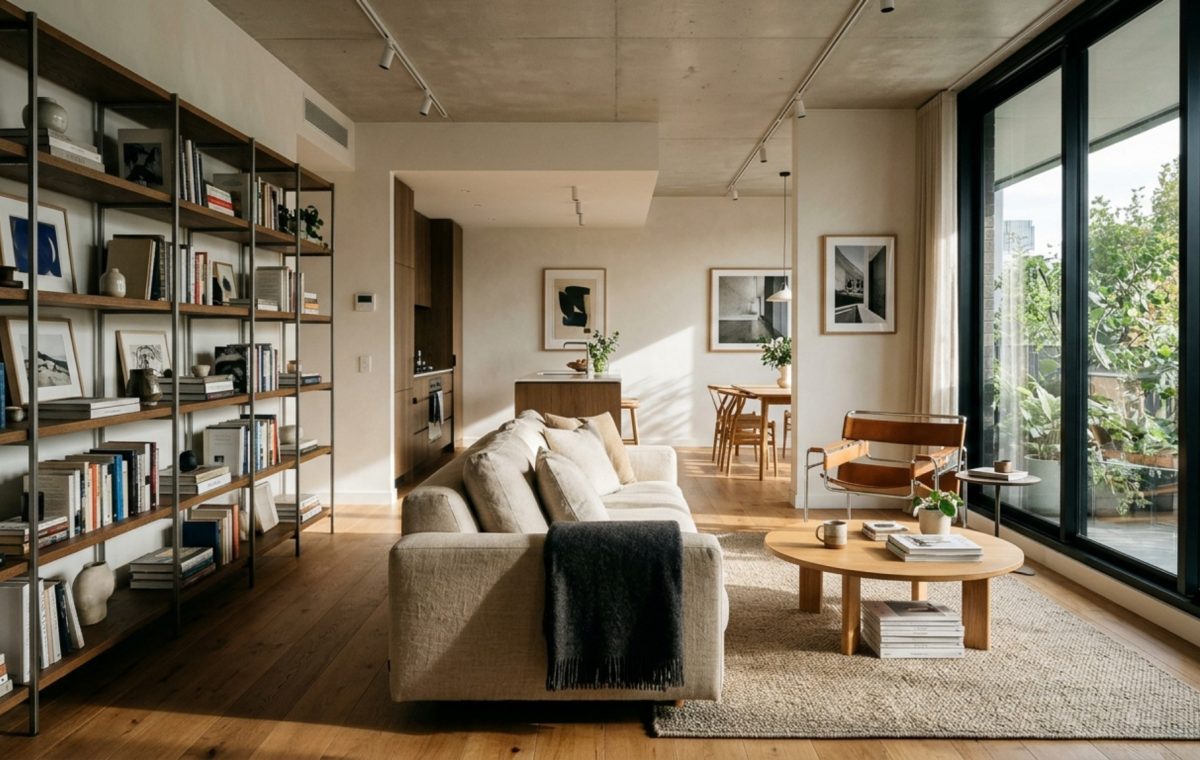 Apartment zoning with furniture using a low-slung linen sofa and a slender floor-to-ceiling bookshelf as a room divider in a sun-drenched living area.