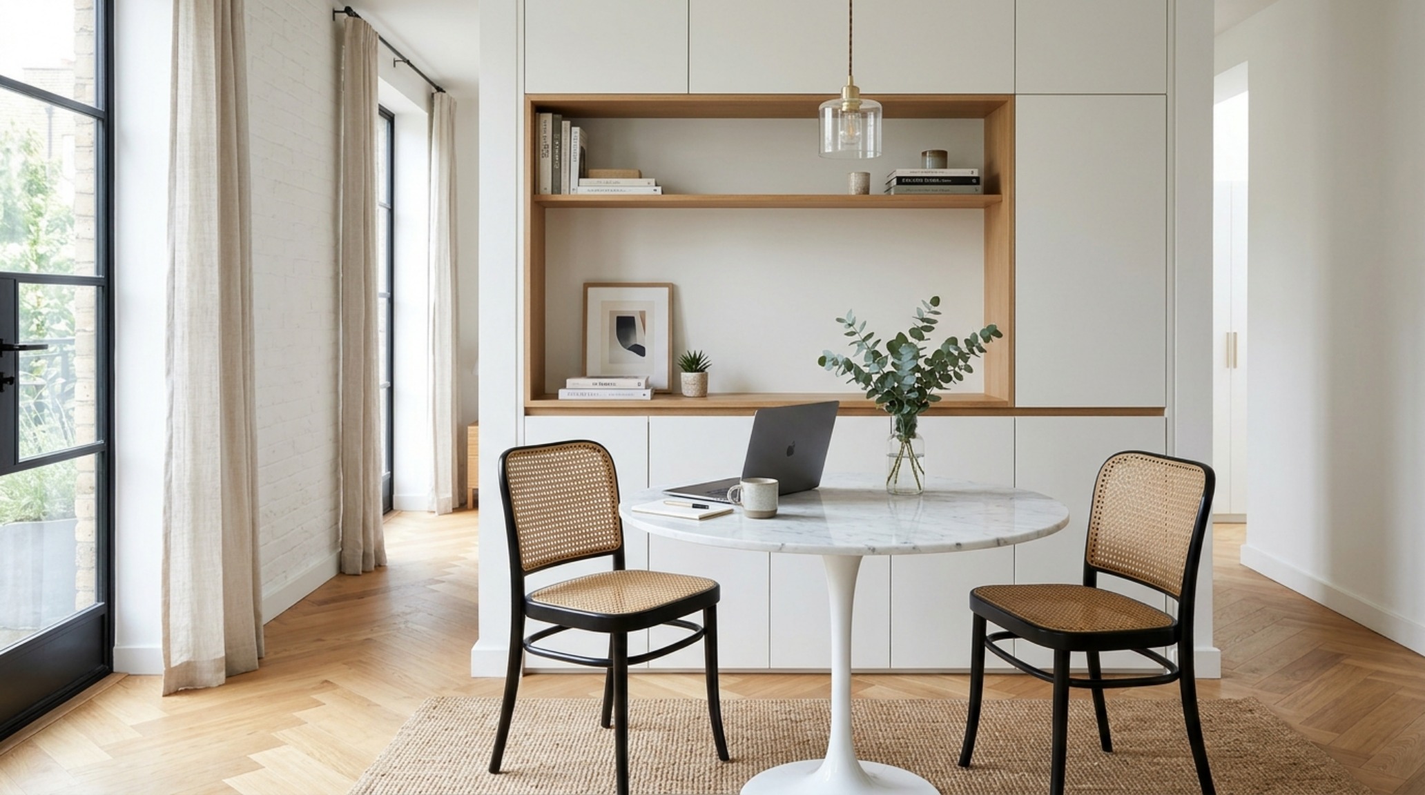 Modern small apartment layout ideas showcasing an integrated dining and workspace area with ergonomic 30-inch chair clearances.